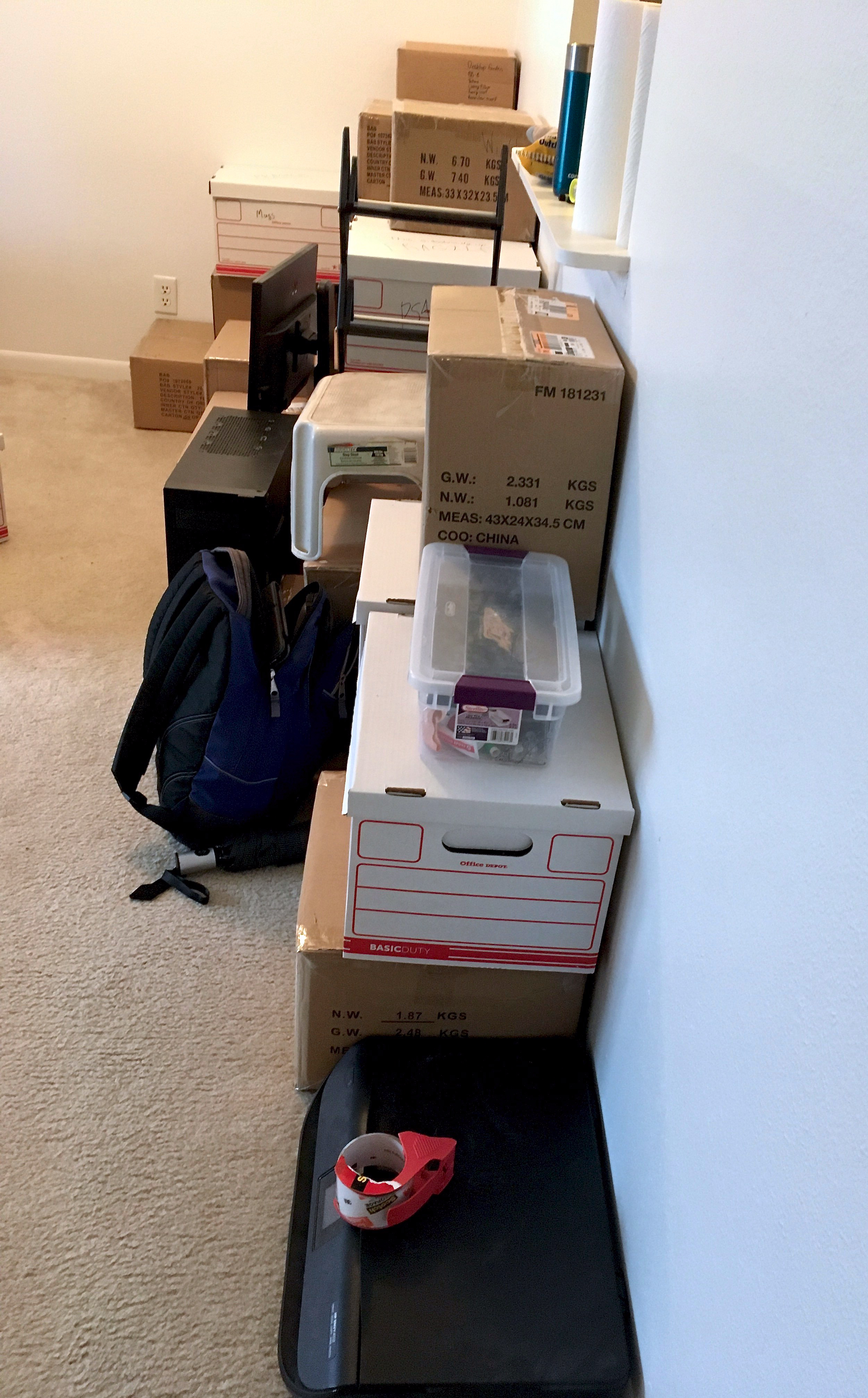 Packed moving boxes.