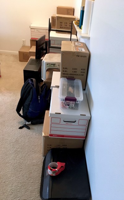 Packed moving boxes.