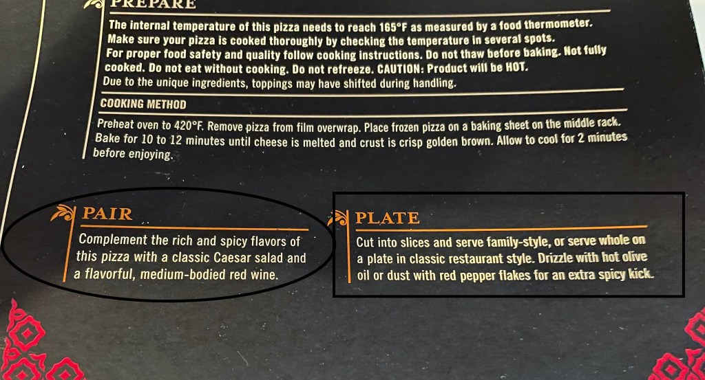 Cooking instructions from a pizza box.