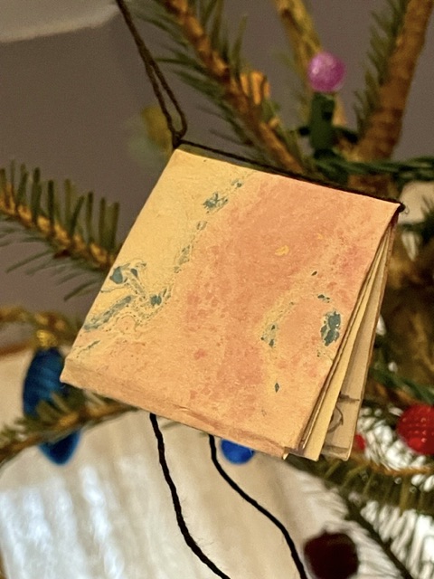 Tree ornament - handmade book with marbled cover